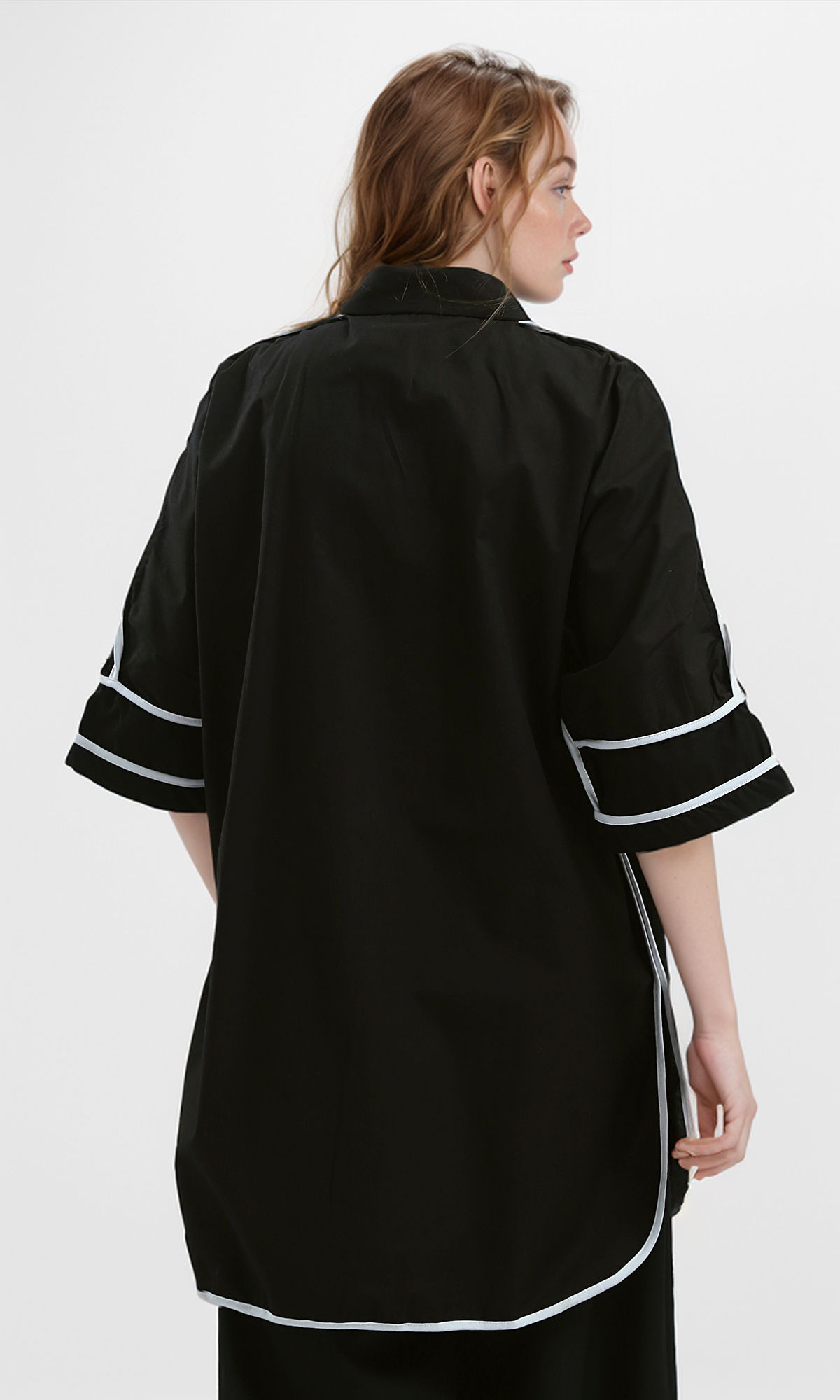 O181631 Black Summer Elbow Sleeve Shirt With Pockets