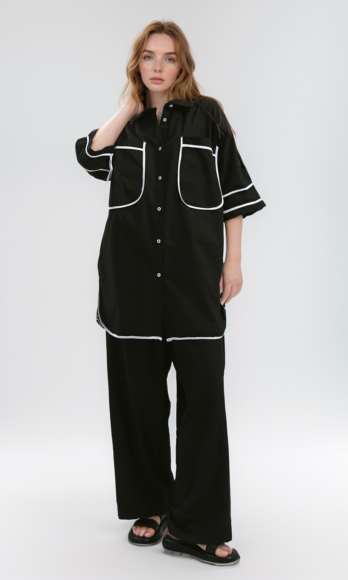 O181631 Black Summer Elbow Sleeve Shirt With Pockets