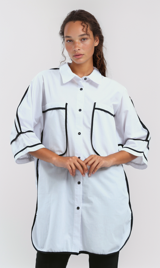 O181632 Solid Buttons Down Elbow-Sleeves Shirt