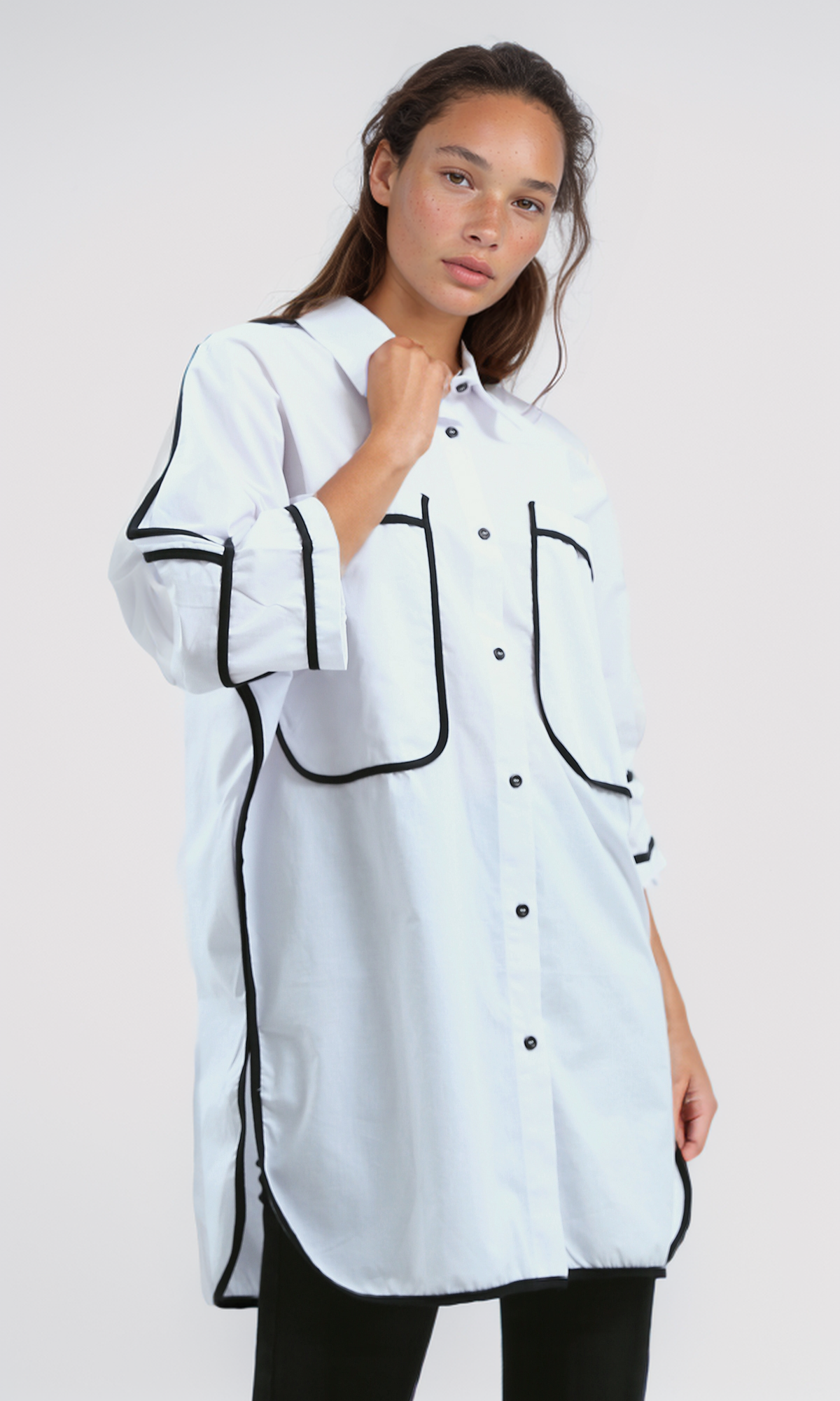 O181632 Solid Buttons Down Elbow-Sleeves Shirt