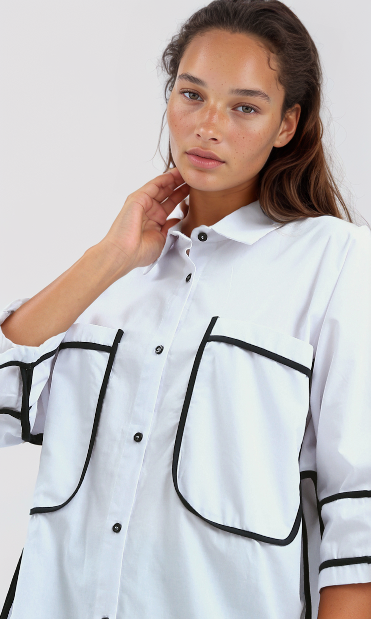 O181632 Solid Buttons Down Elbow-Sleeves Shirt