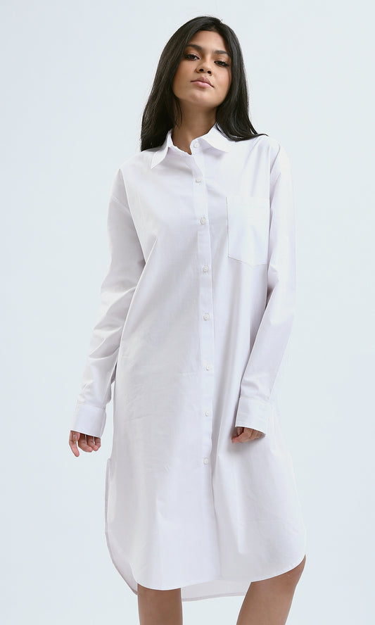 O181636 Relaxed Fit Long Sleeves White Shirt Dress