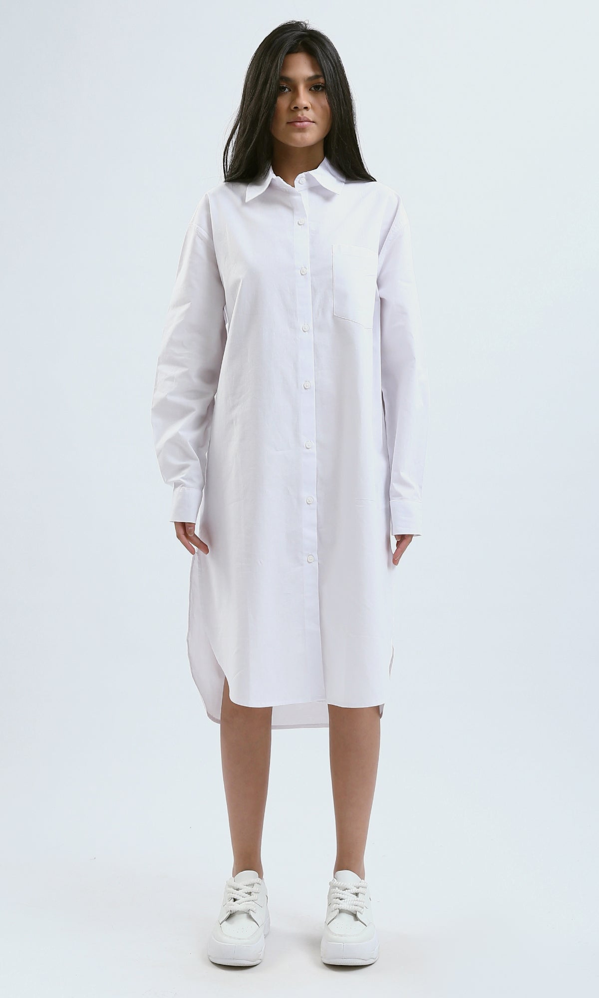 O181636 Relaxed Fit Long Sleeves White Shirt Dress