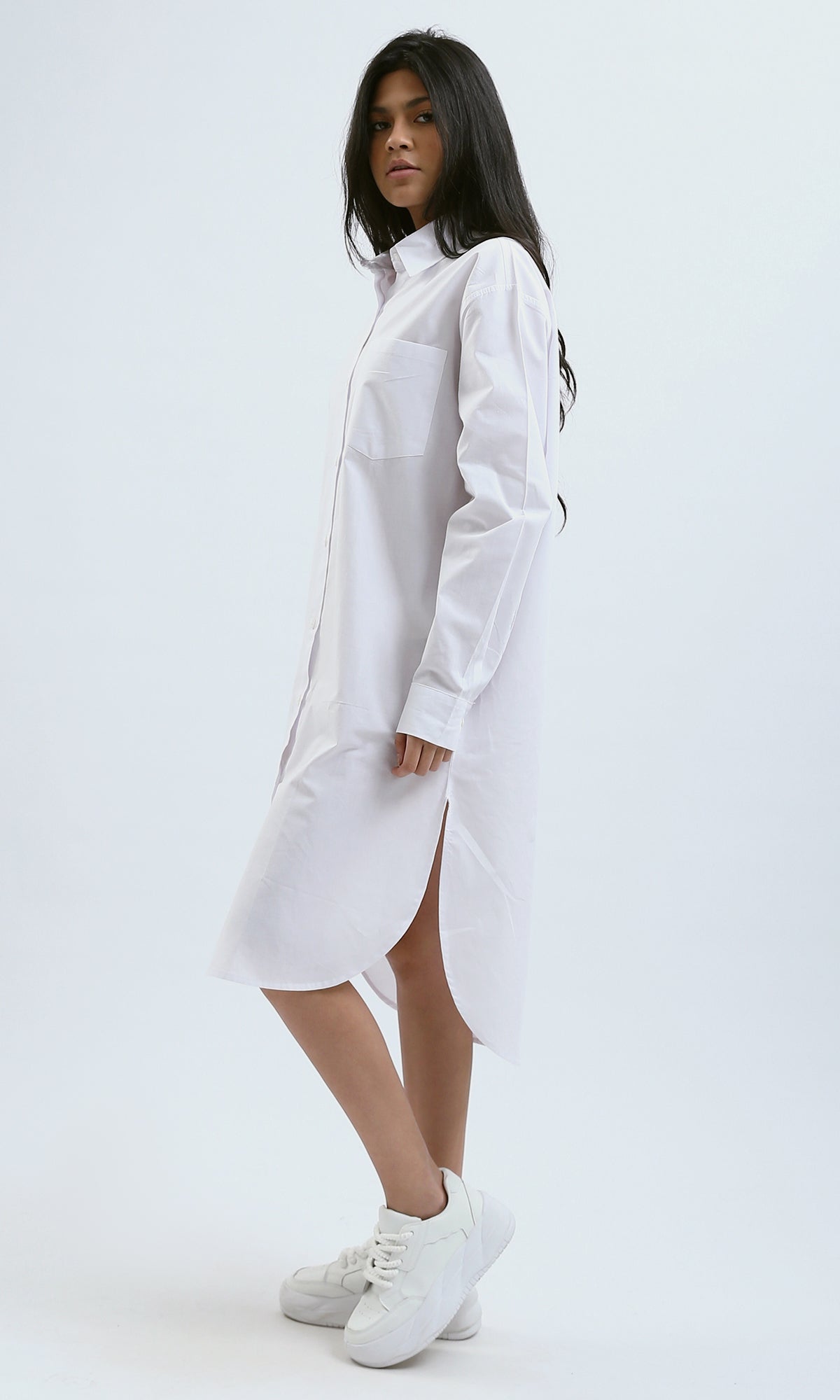 O181636 Relaxed Fit Long Sleeves White Shirt Dress