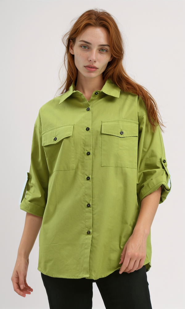O181639 Relaxed Fit Casual Elbow Sleeves Shirt - Light Olive