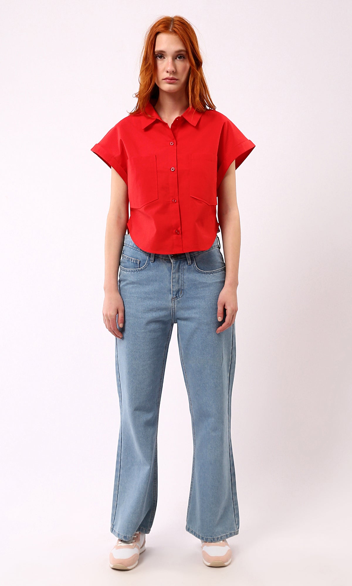 O181644 Solid Short Sleeves Casual Red Buttoned Shirt