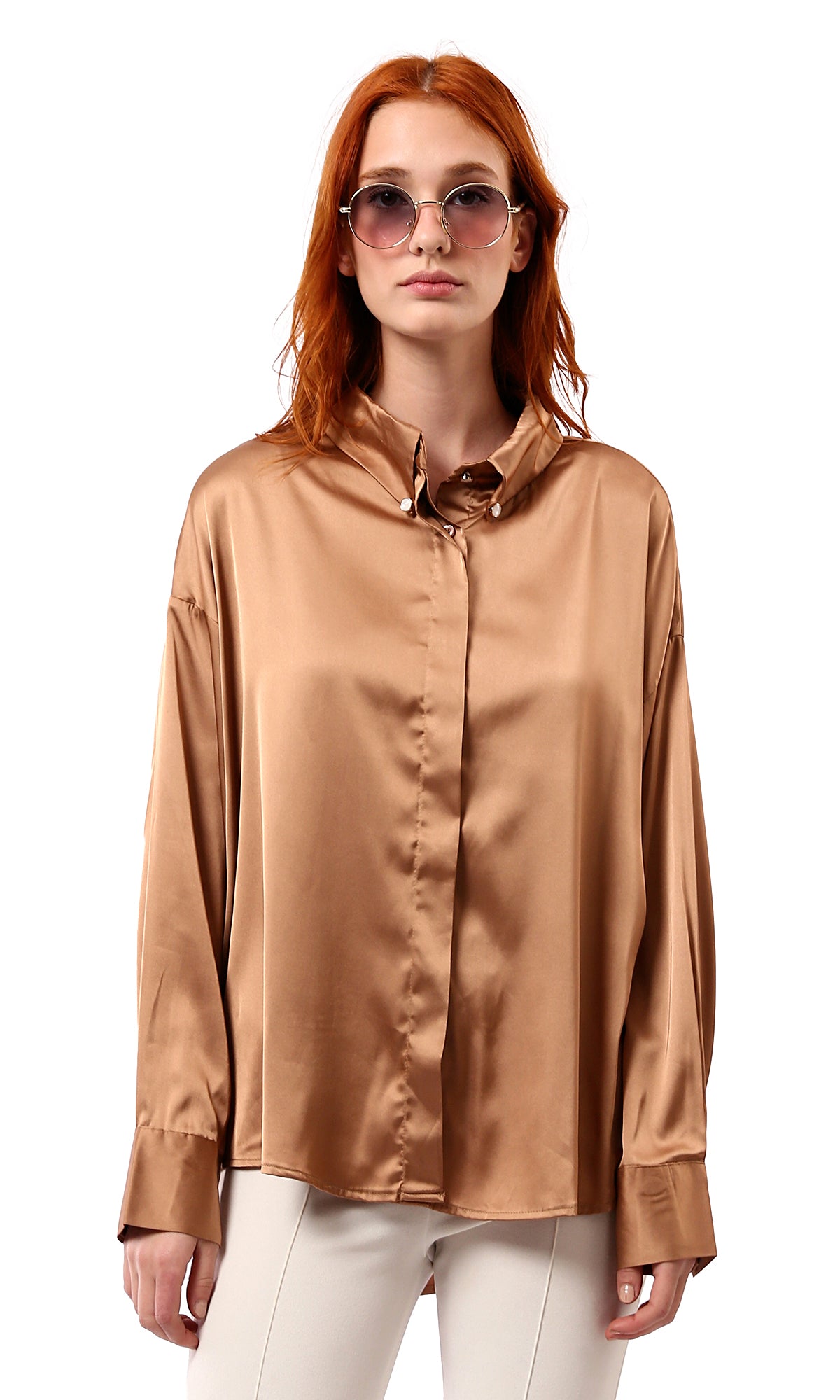 O181651 Shiny Copper Long Sleeves Solid Evening Shirt