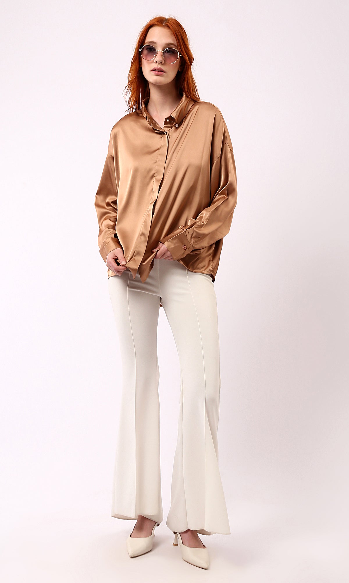 O181651 Shiny Copper Long Sleeves Solid Evening Shirt