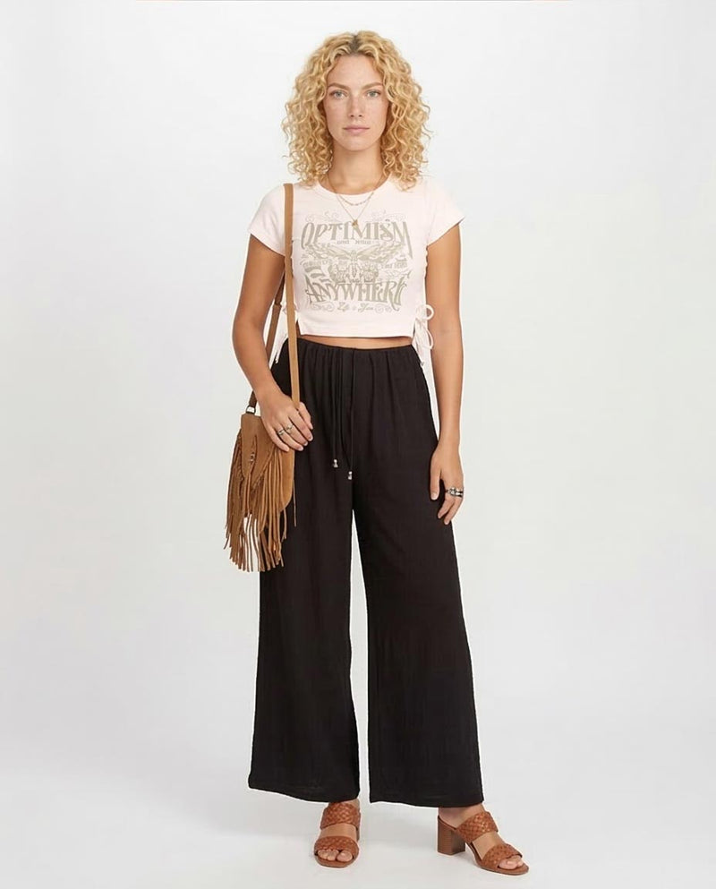 Ravin Women’s Side-Tie Graphic Crop Top – "Optimism" Butterfly Print - Off White - O181660