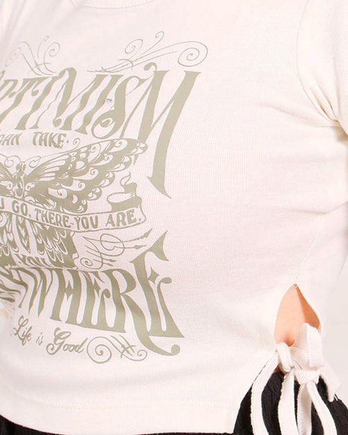 Ravin Women’s Side-Tie Graphic Crop Top – "Optimism" Butterfly Print - Off White - O181660