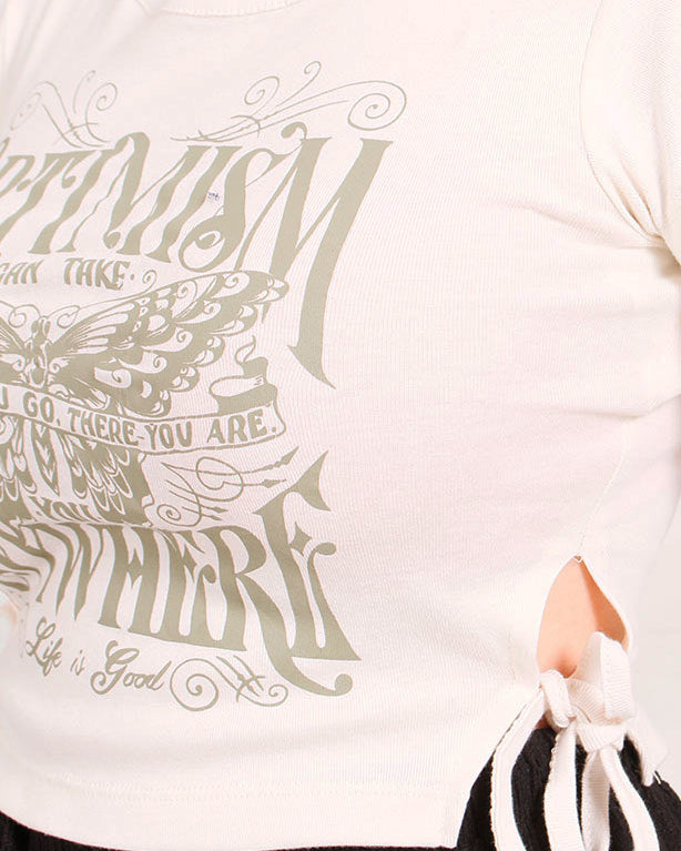 Ravin Women’s Side-Tie Graphic Crop Top – "Optimism" Butterfly Print - Off White - O181660