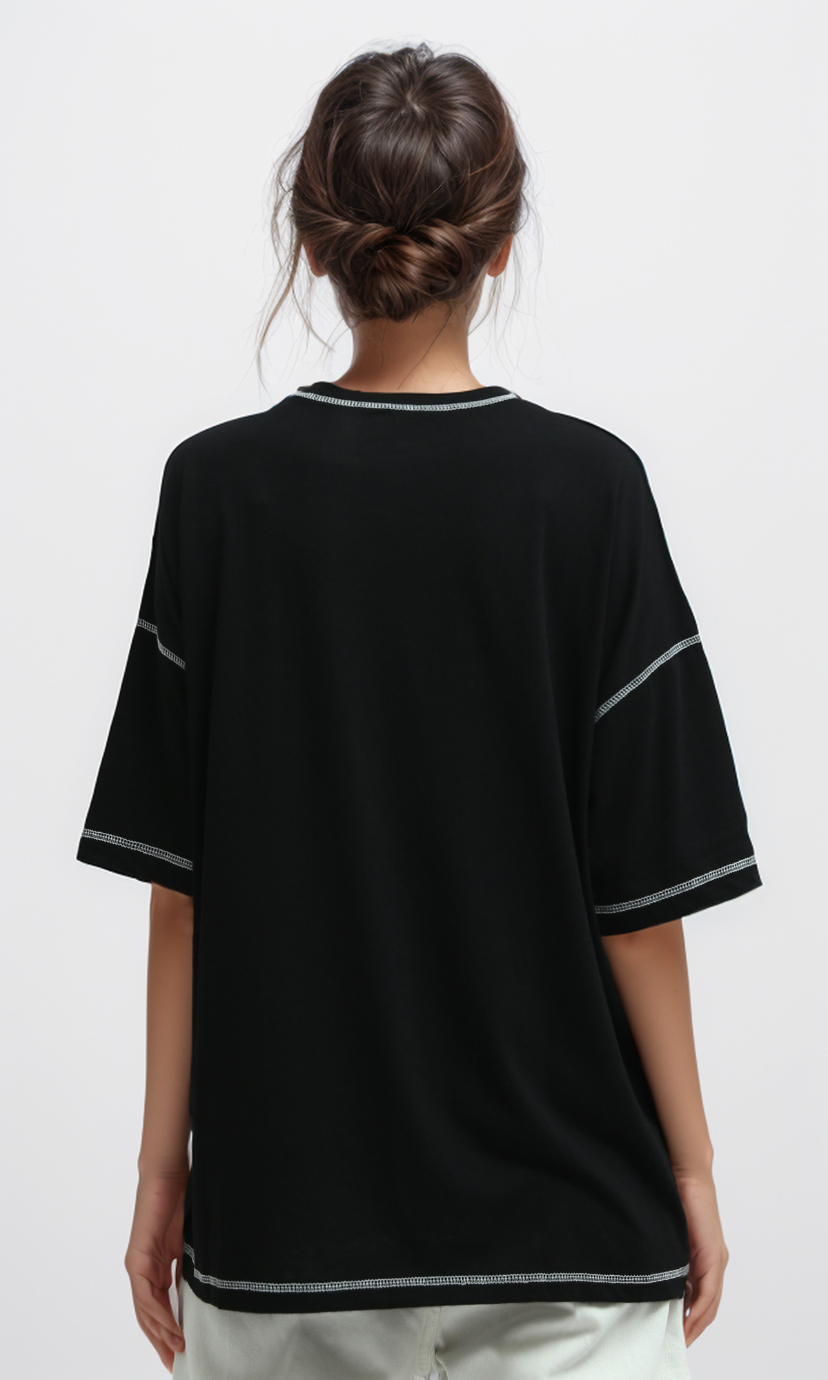 O181663 Stitched Elbow-Sleeves Black Summer Long Tee