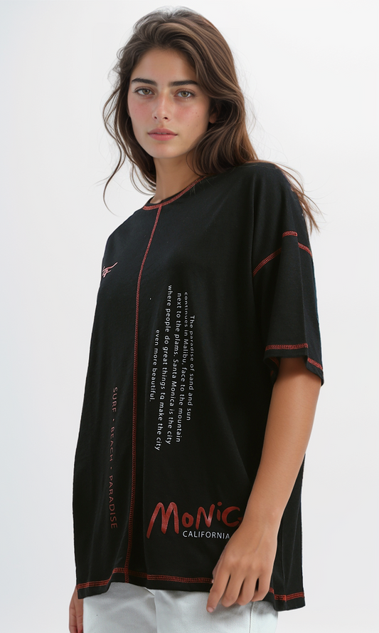 O181664 Black Printed Tee With Red Lines