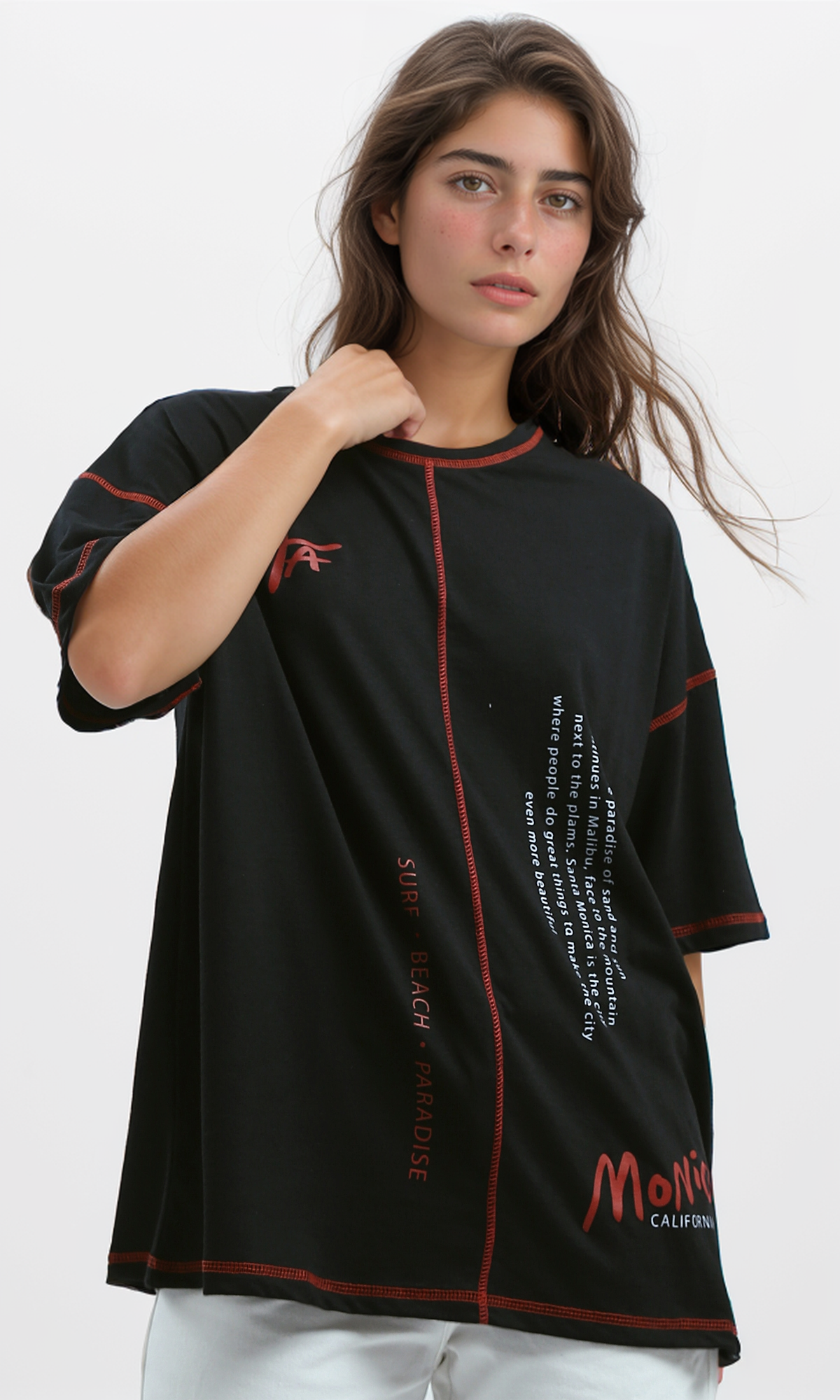 O181664 Black Printed Tee With Red Lines