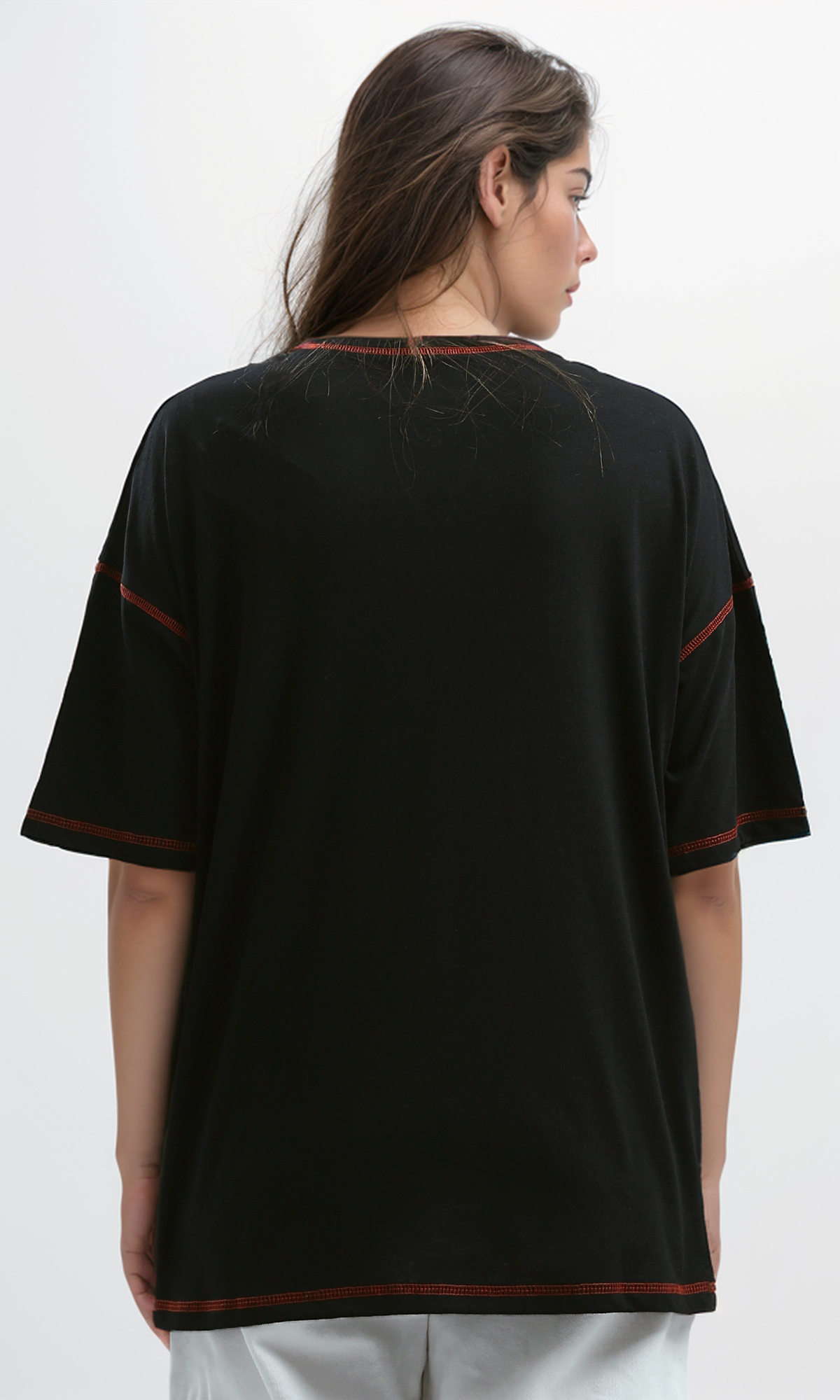 O181664 Black Printed Tee With Red Lines