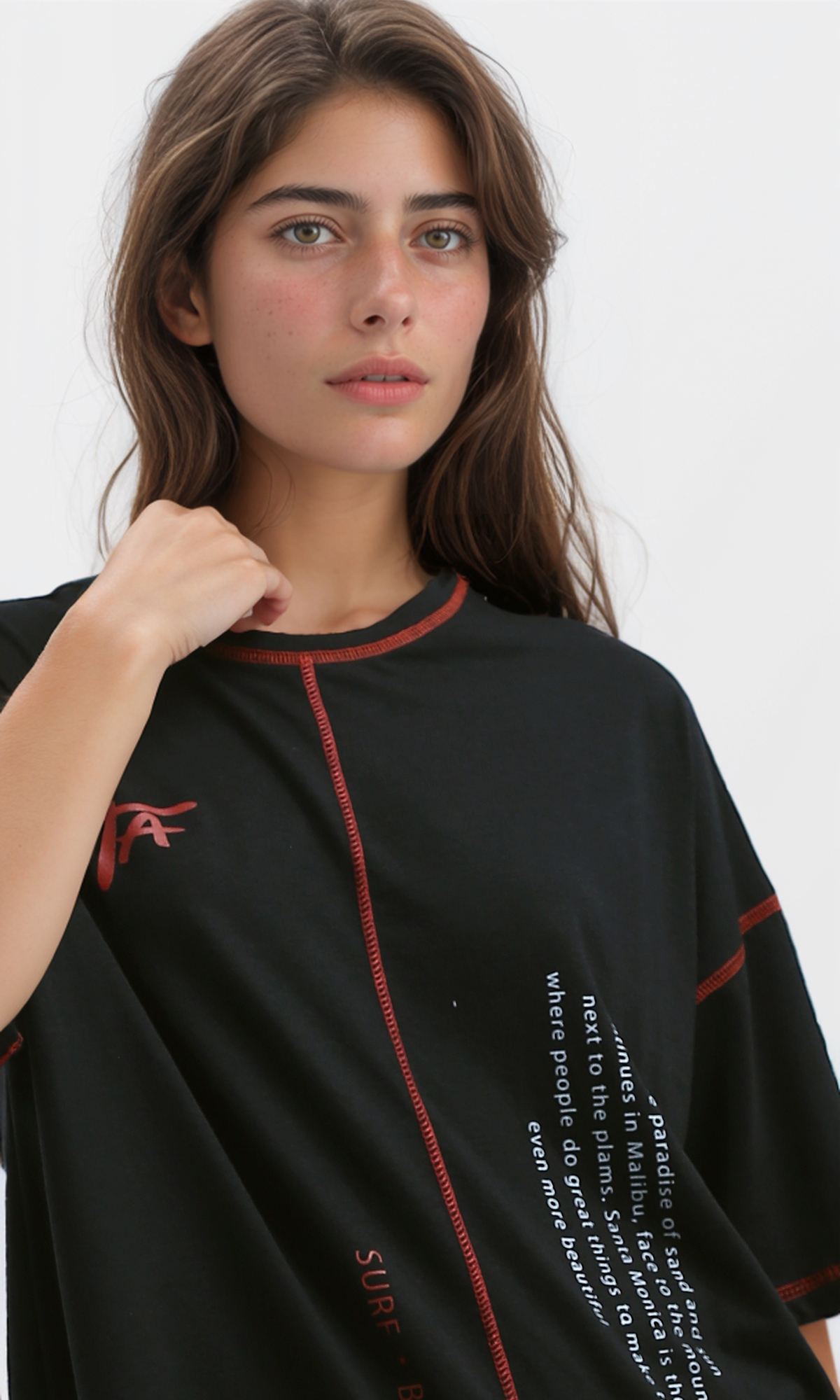 O181664 Black Printed Tee With Red Lines