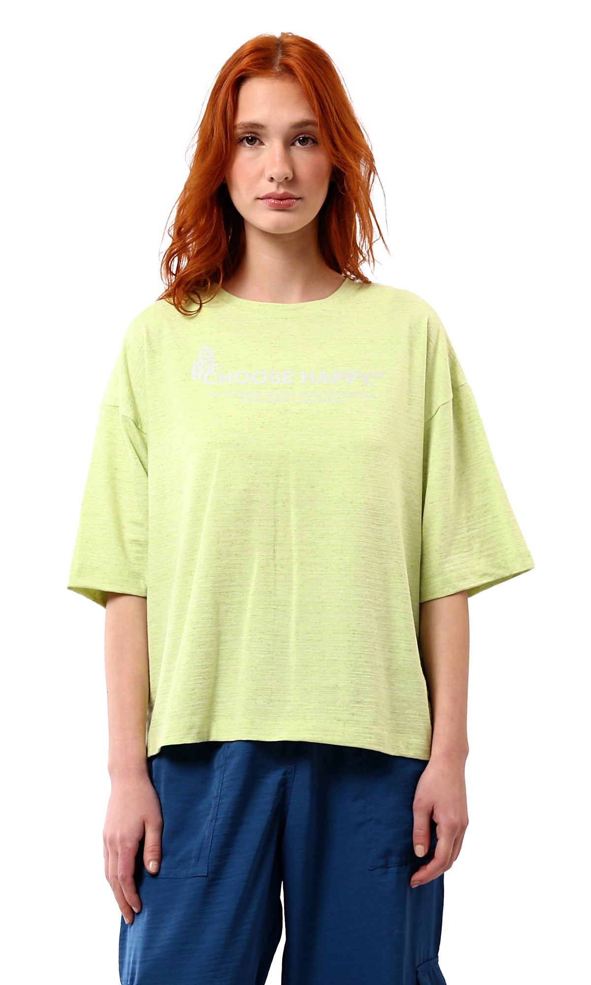 O181665 "Choose Happy" Printed Loose Fit Cotton Tee - Neon Green