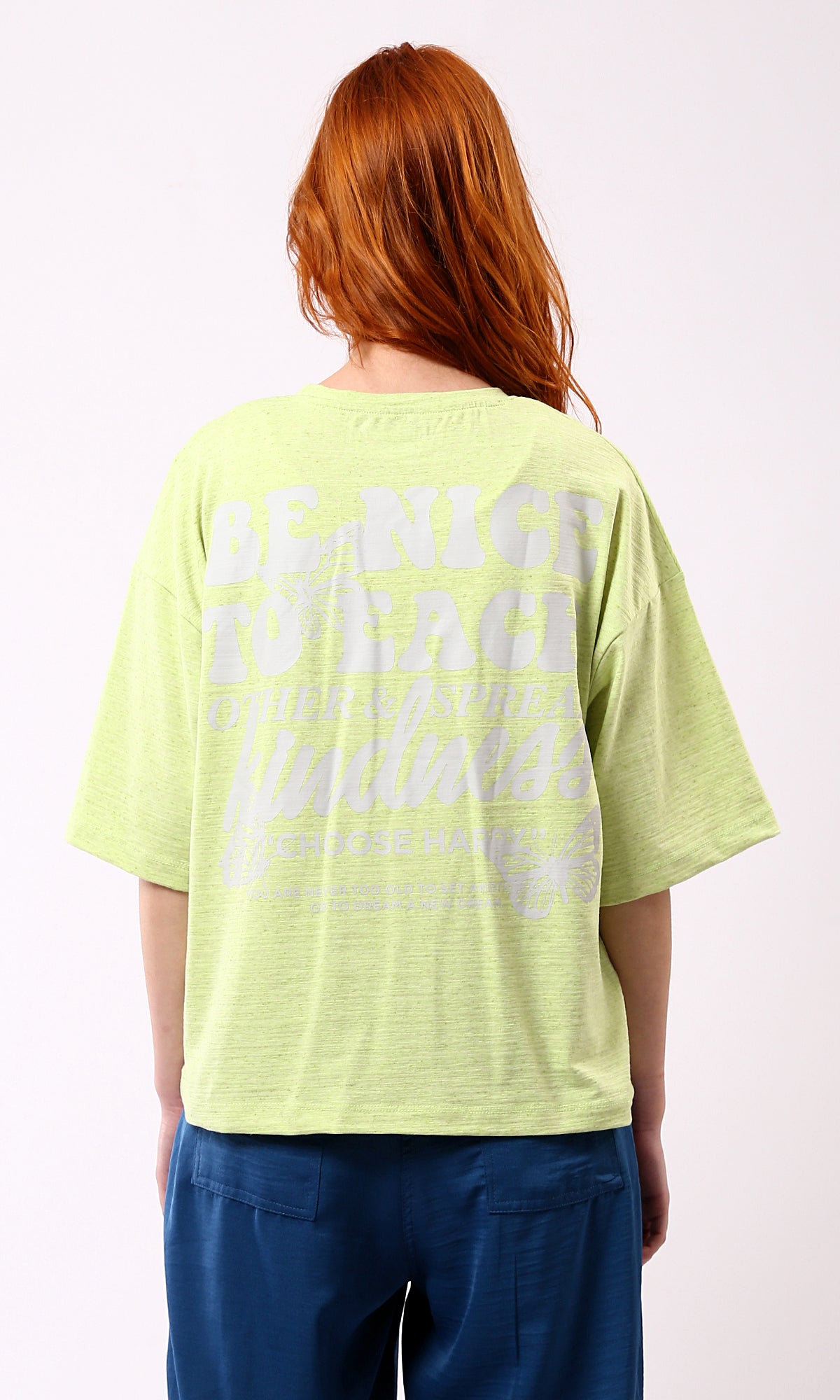 O181665 "Choose Happy" Printed Loose Fit Cotton Tee - Neon Green