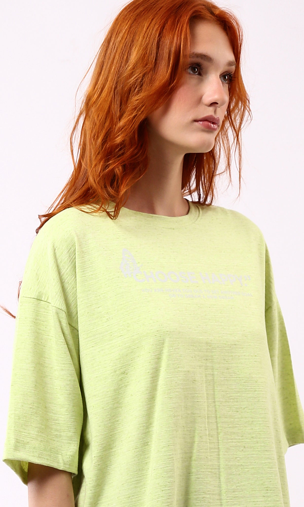 O181665 "Choose Happy" Printed Loose Fit Cotton Tee - Neon Green