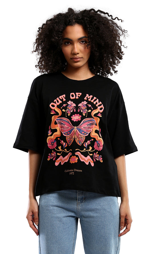 O181668 "Out Of Mind" Colorful Print Black Relaxed Fit Tee