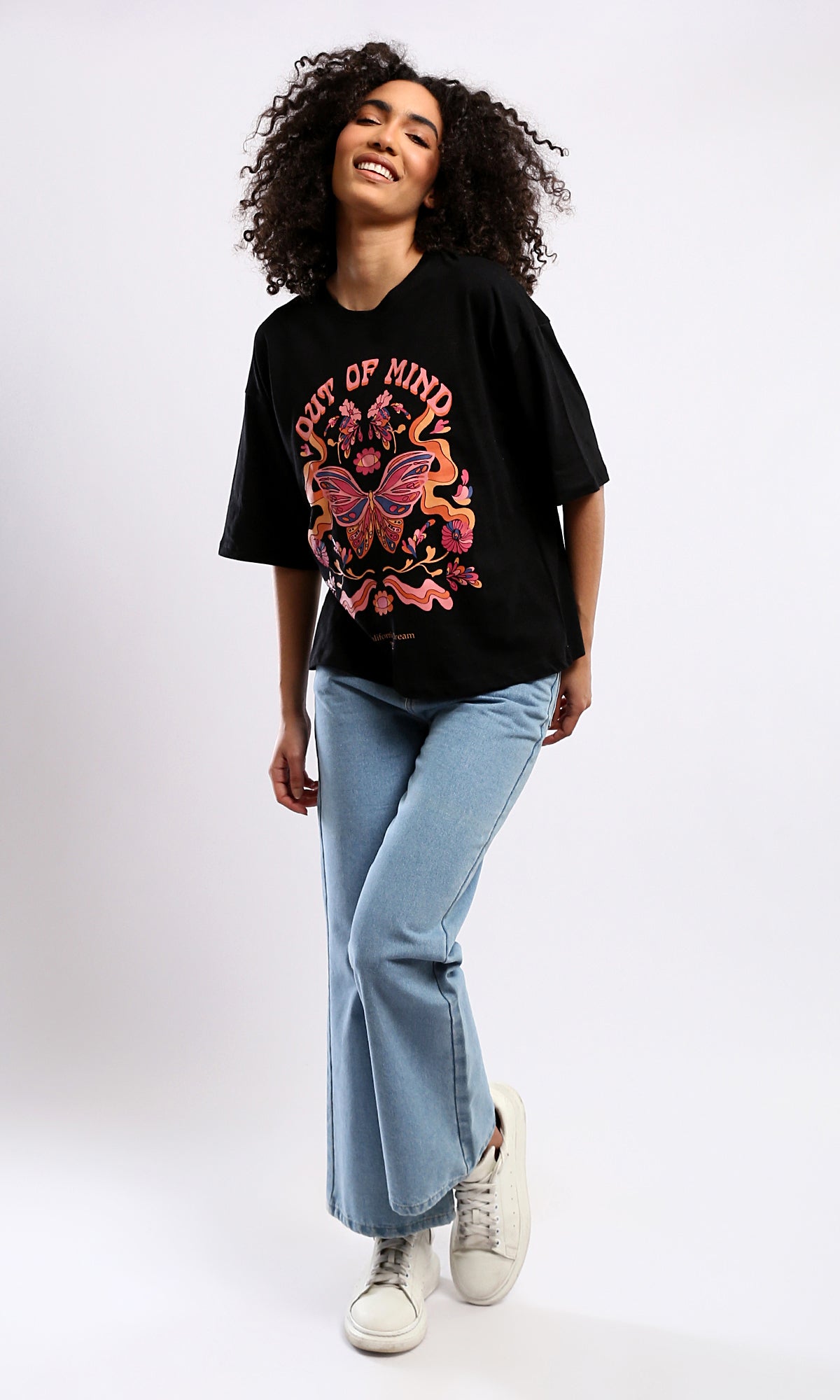 O181668 "Out Of Mind" Colorful Print Black Relaxed Fit Tee