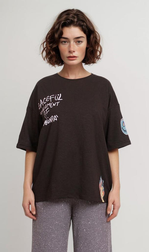 O181671-O181671 - Graphic Oversized T-Shirt - Black