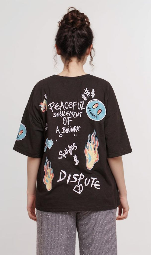 O181671-O181671 - Graphic Oversized T-Shirt - Black
