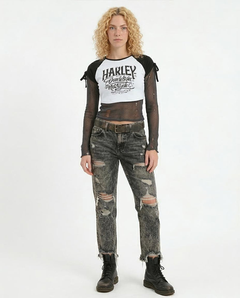 Ravin Women’s Harley-Davidson Graphic Raglan Crop Top with Tie-Sleeve Detail - White and Black - o181680