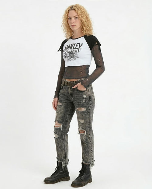 Ravin Women’s Harley-Davidson Graphic Raglan Crop Top with Tie-Sleeve Detail - White and Black - o181680