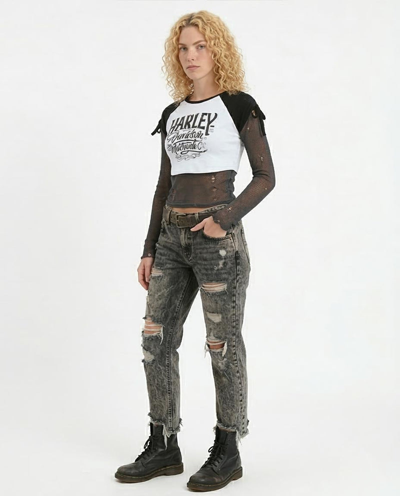 Ravin Women’s Harley-Davidson Graphic Raglan Crop Top with Tie-Sleeve Detail - White and Black - o181680