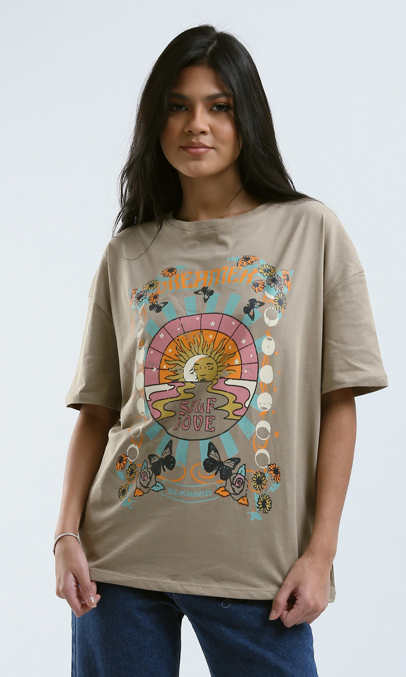 O181681 Printed Elbow-Sleeves Mocha Cotton Tee