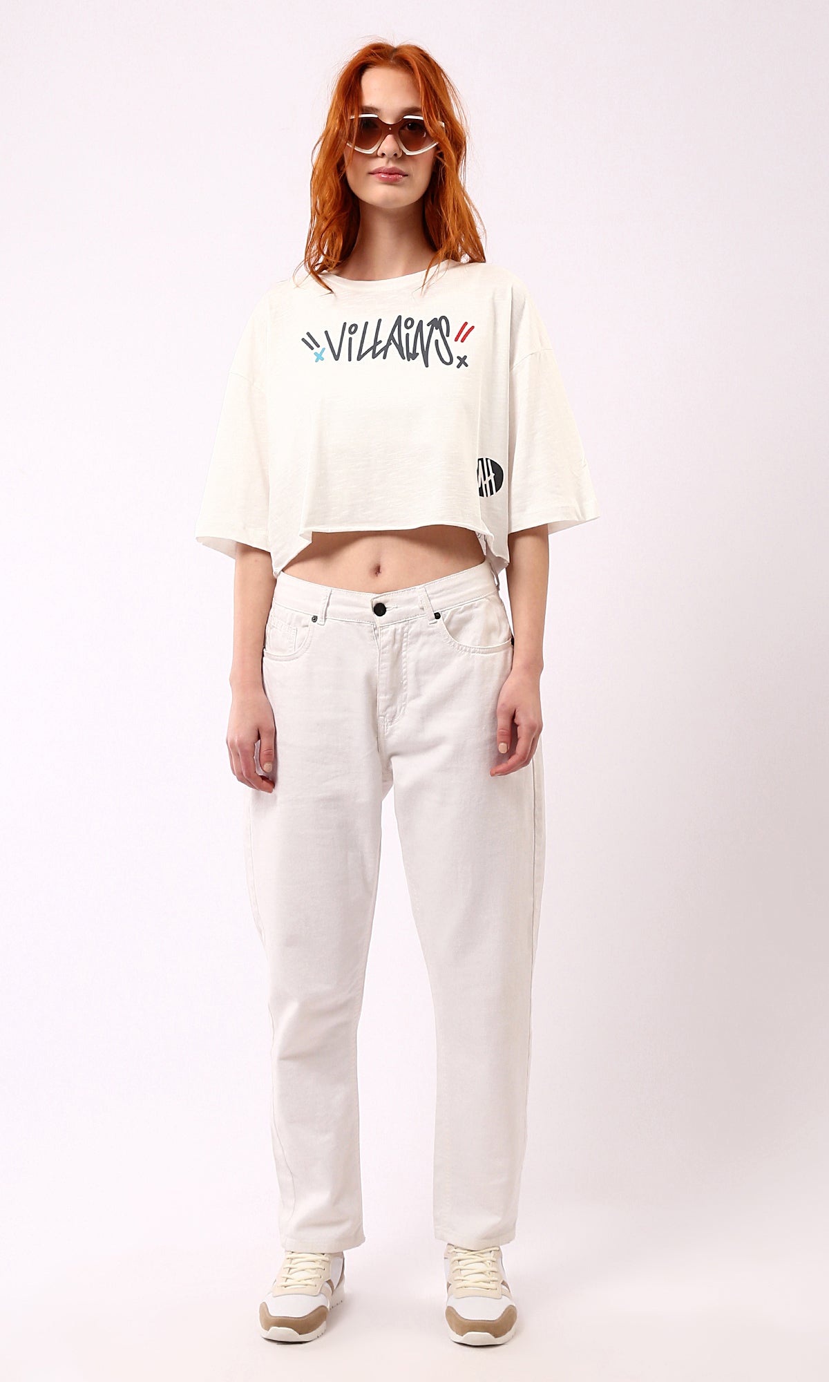 O181684 Front & Back Print Off-White Cropped Tee