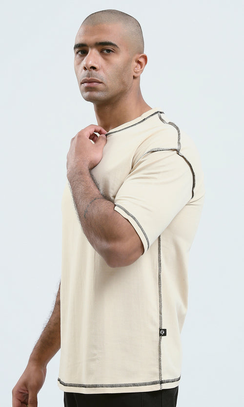 O181698 - Beige Short Sleeves Slip On Solid Tee