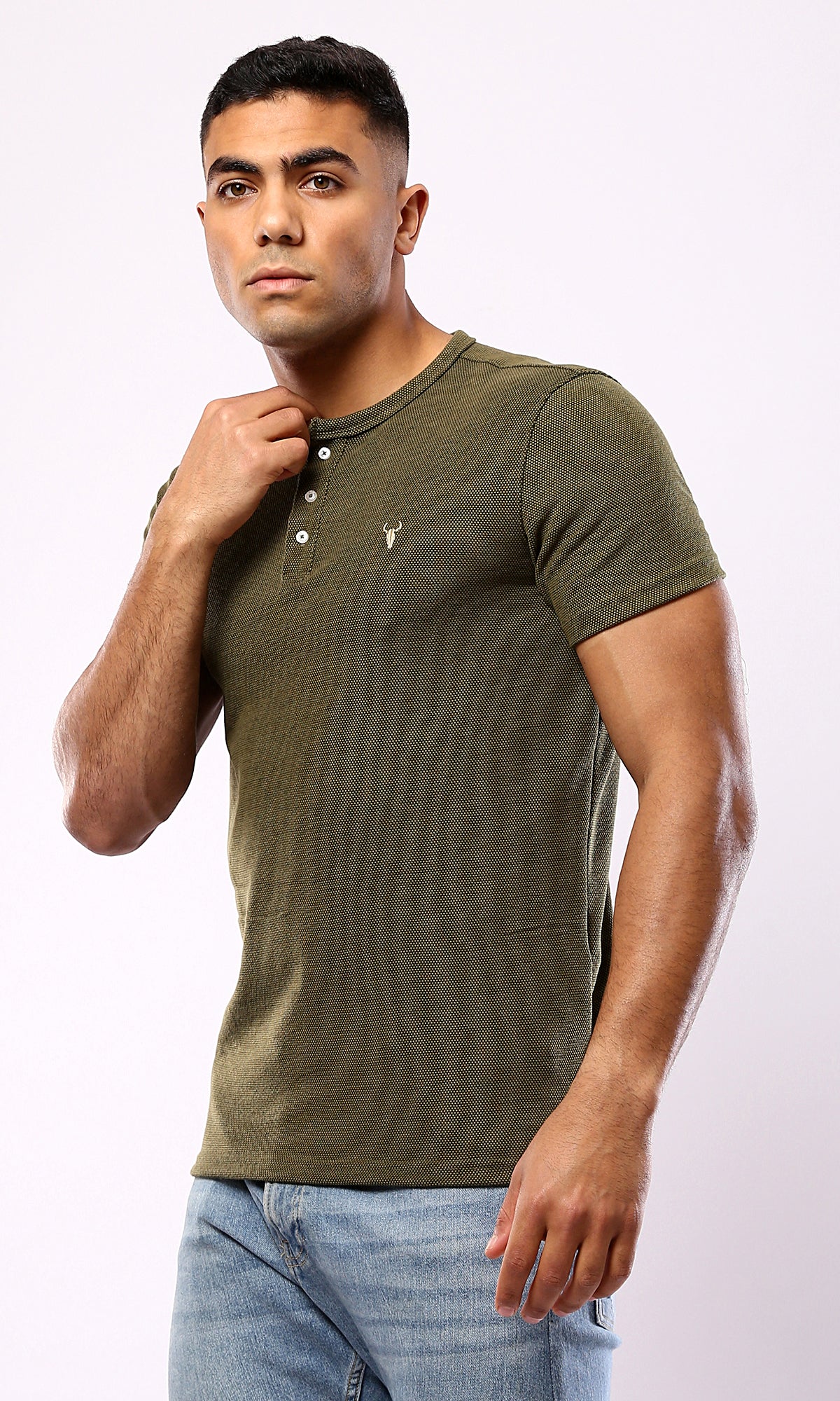 O181701 Round Neck With Buttons Heather Olive Henley Shirt