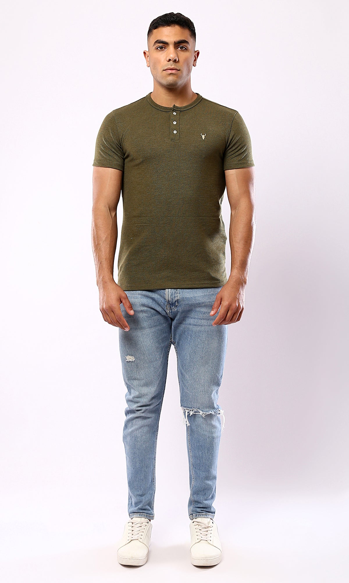 O181701 Round Neck With Buttons Heather Olive Henley Shirt