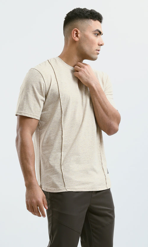 O181708 Summer Round Neck Heather Beige Cotton Tee