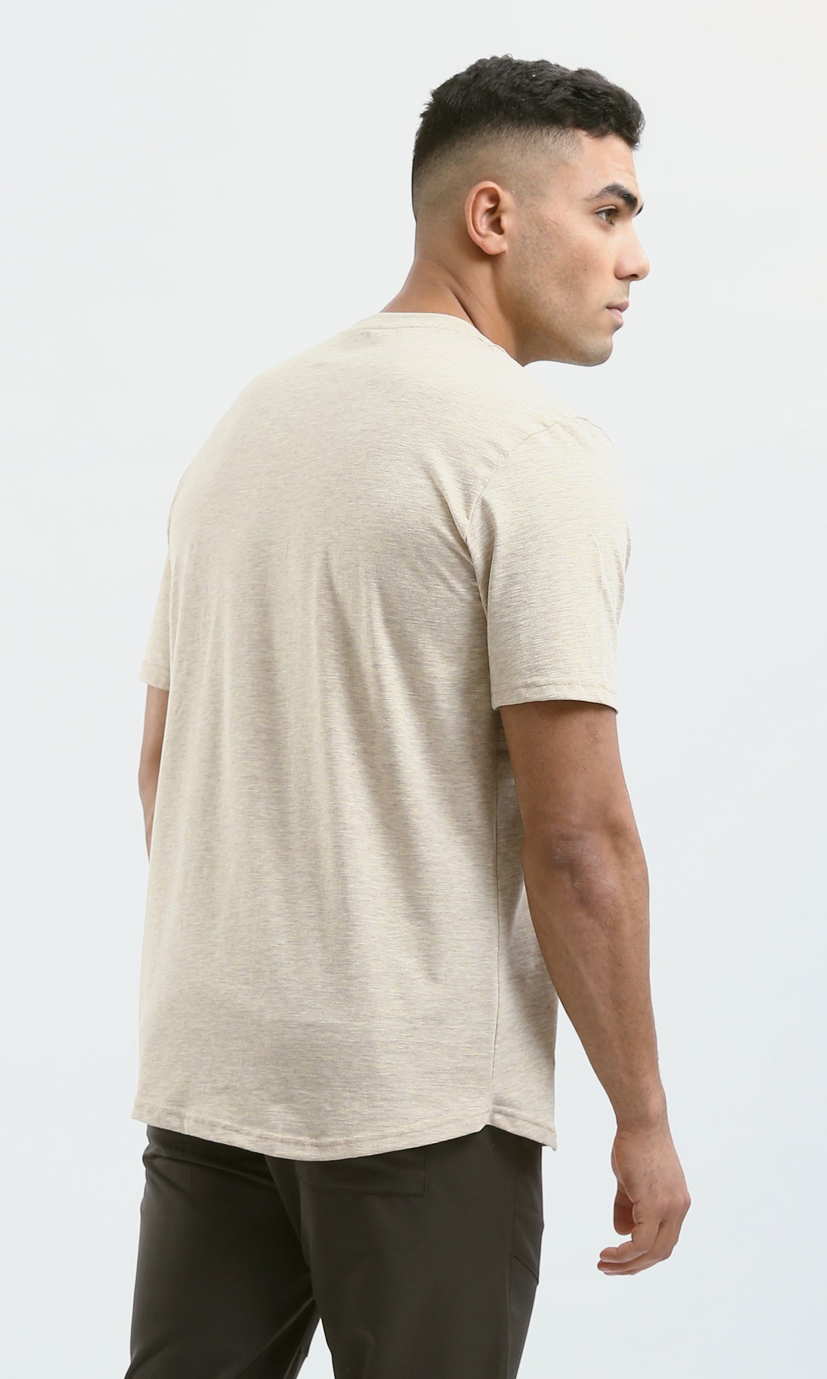O181708 Summer Round Neck Heather Beige Cotton Tee
