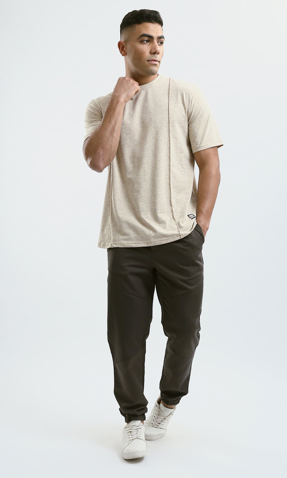 O181708 Summer Round Neck Heather Beige Cotton Tee