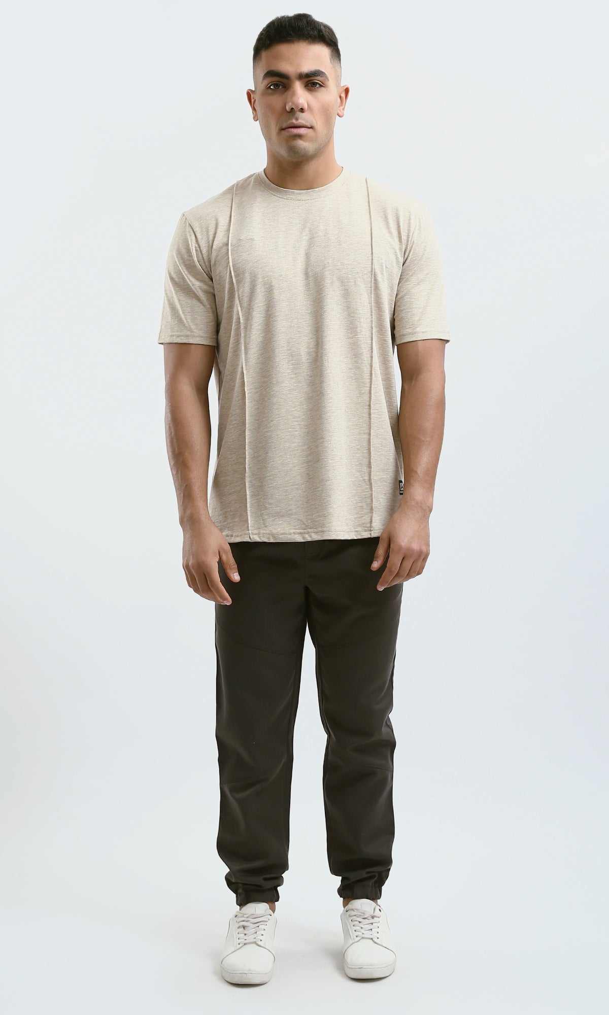 O181708 Summer Round Neck Heather Beige Cotton Tee