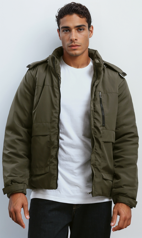 جاكيت بسوستة زيتوني غامق بهودي قابل للفصل