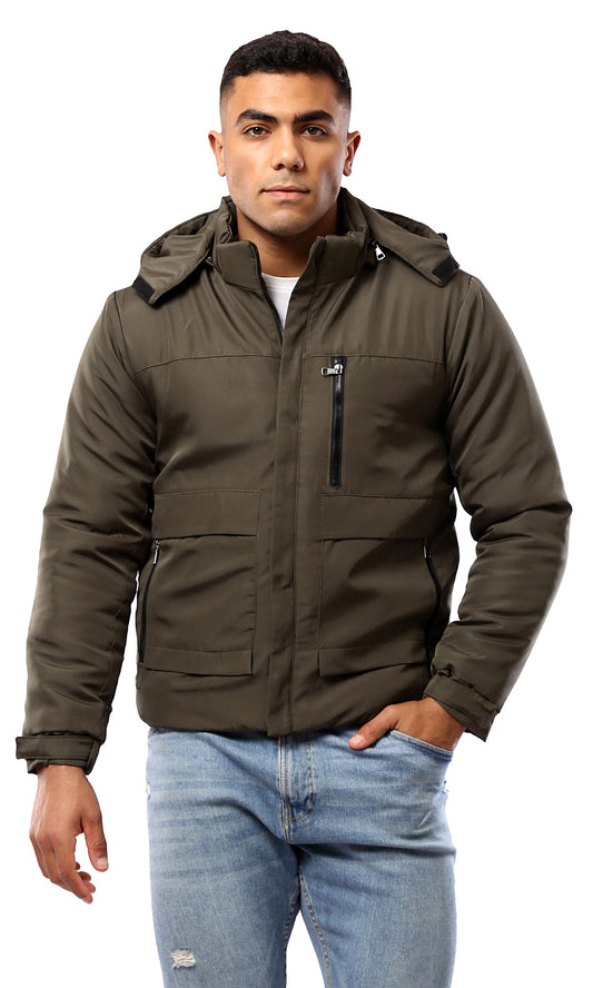 O181761 Dark Olive Zipped Jacket With Detachable Hoody