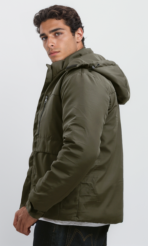 جاكيت بسوستة زيتوني غامق بهودي قابل للفصل