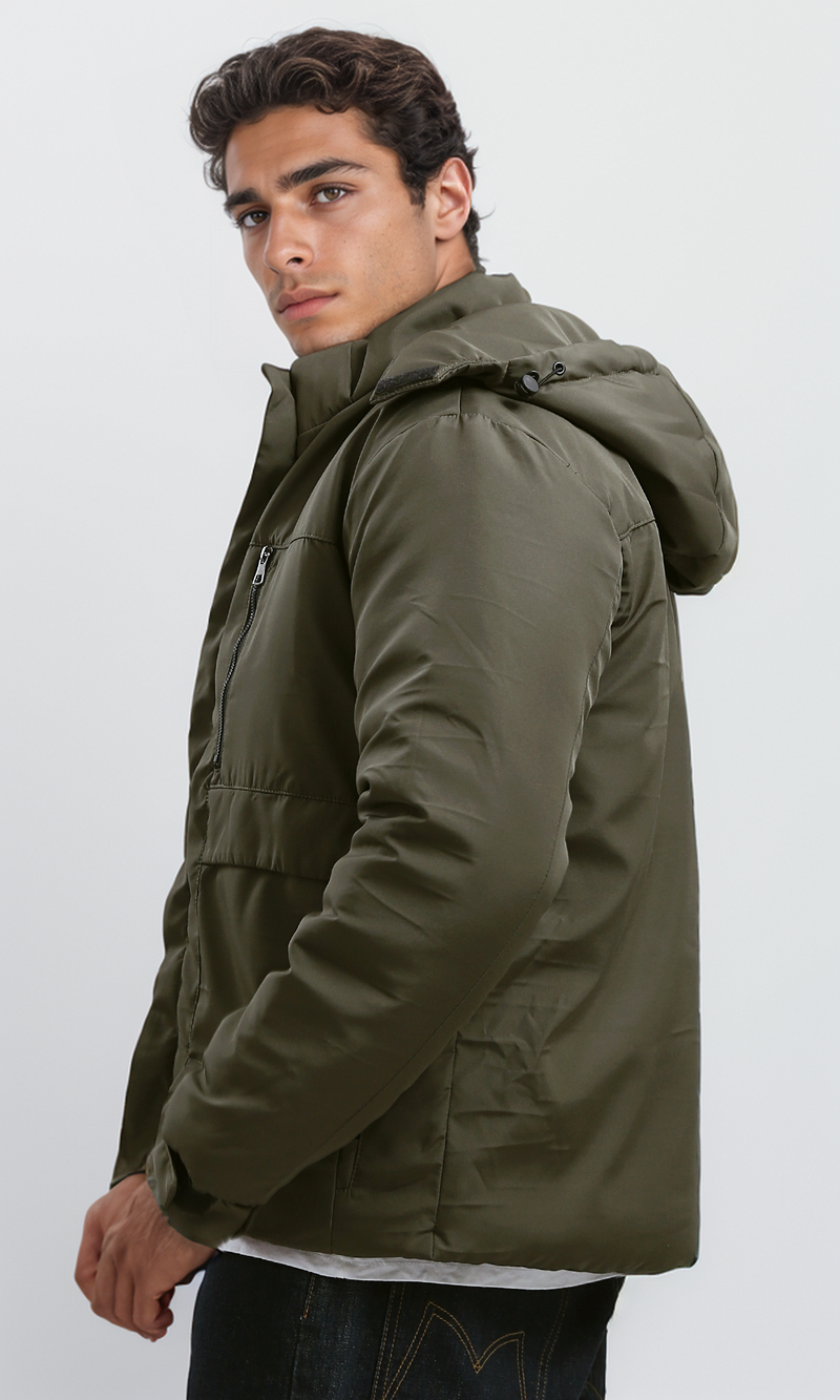 جاكيت بسوستة زيتوني غامق بهودي قابل للفصل