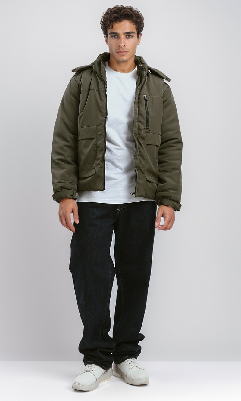 جاكيت بسوستة زيتوني غامق بهودي قابل للفصل