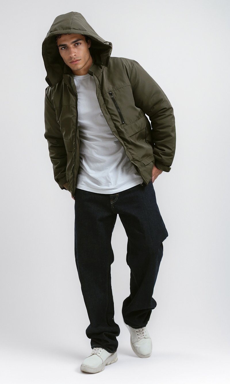 جاكيت بسوستة زيتوني غامق بهودي قابل للفصل