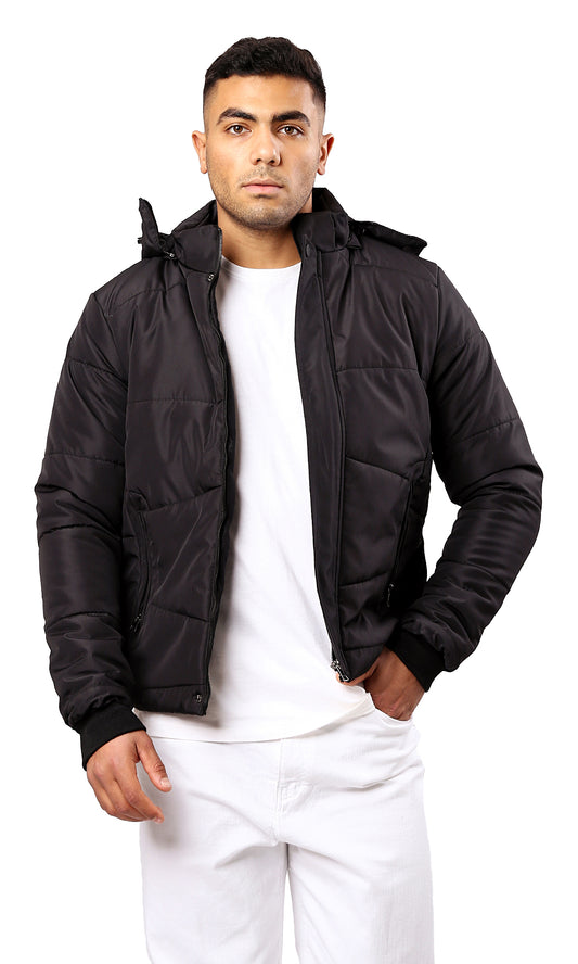 O181762 Black Puffer Jacket With Side Zipped Jacket