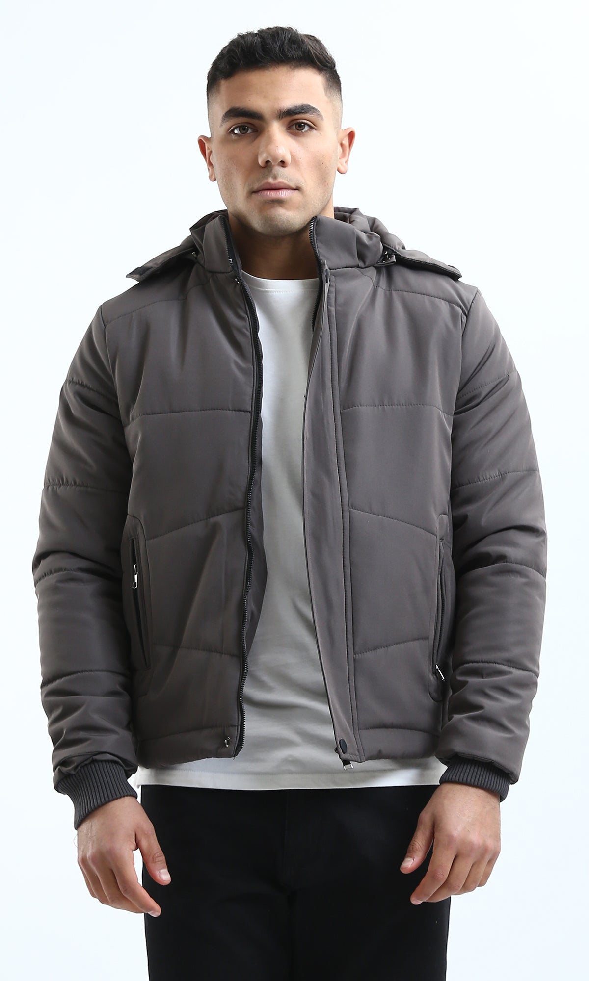 O181764 Zipped Puffer Jacket With Detachable Hoody - Dark Grey