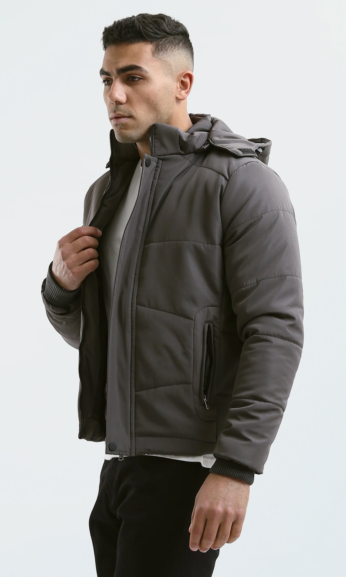 Men's Grey WaterProof Hooded Puffer Jacket - O181764