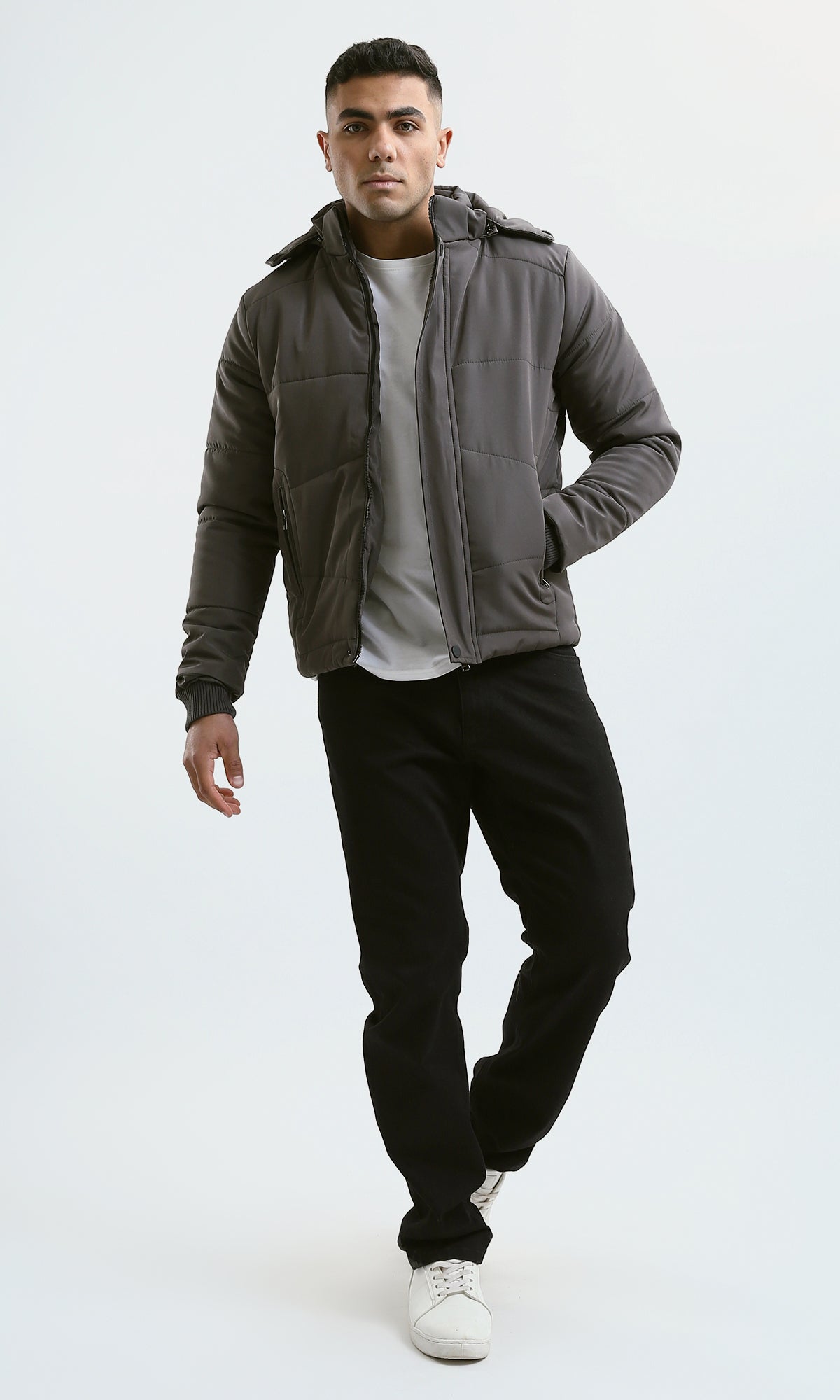O181764 Zipped Puffer Jacket With Detachable Hoody - Dark Grey