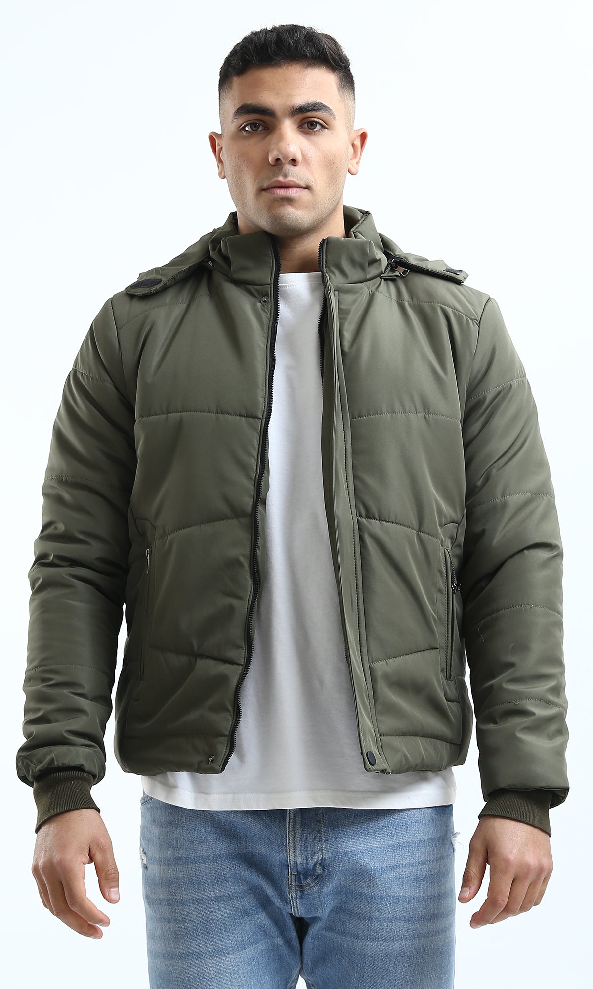 O181765 Dark Olive Coziness Puffer Jacket With Front Zipper